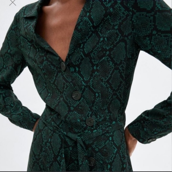 Zara Green Black Button Down Snake Print Dress Size Small - Picture 2 of 11